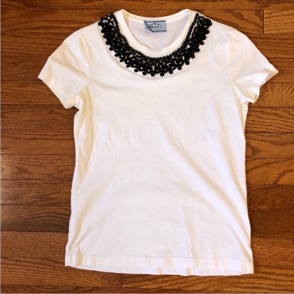 Prada Tops - Prada Cream/White Tee with Black Beaded Collar